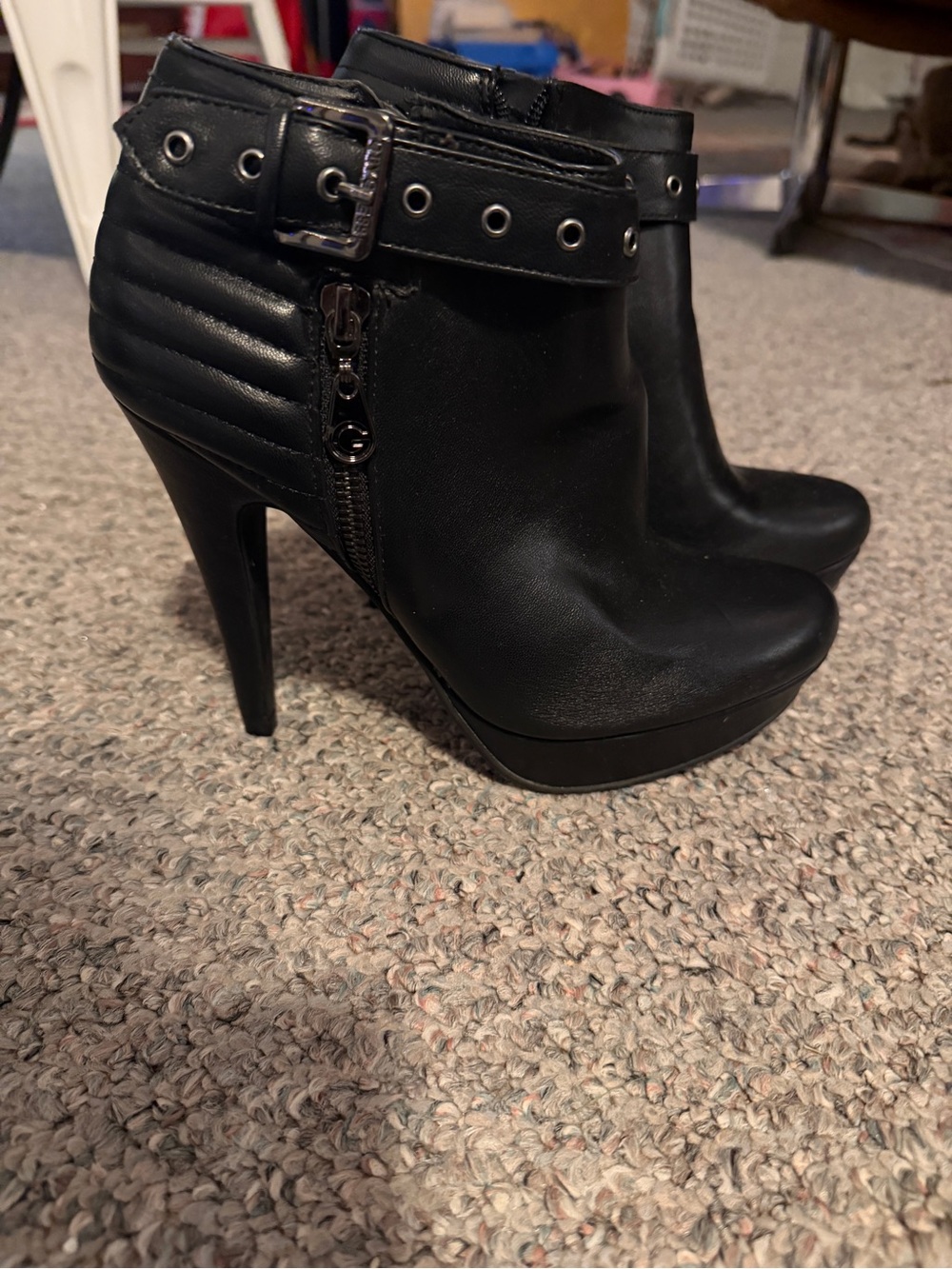 Guess Black Leather High Heel Ankle Booties with Buckle Strap